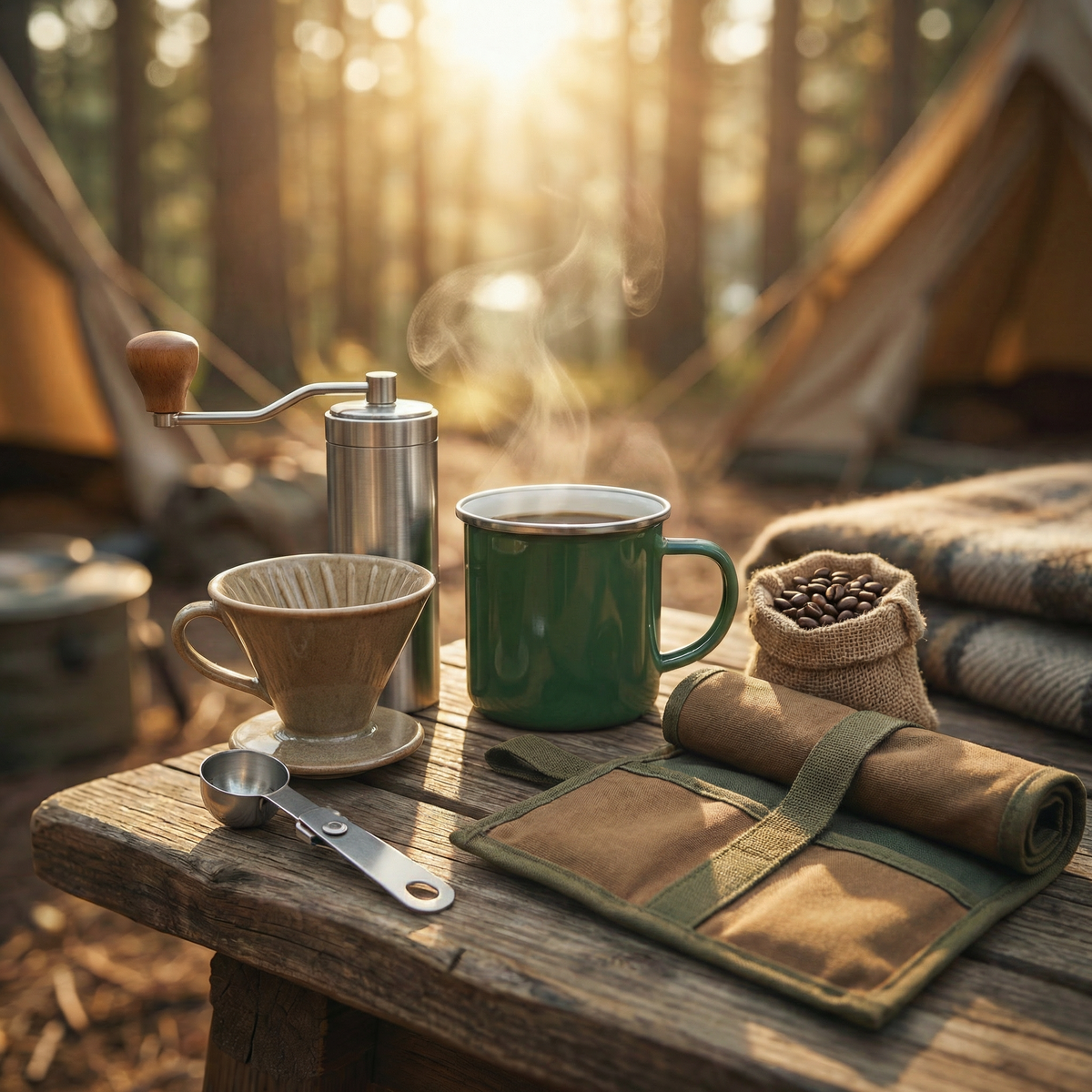 Complete Outdoor Coffee Kit percolator bundle displayed front-on against neutral background, showing stainless steel construction and included brew components