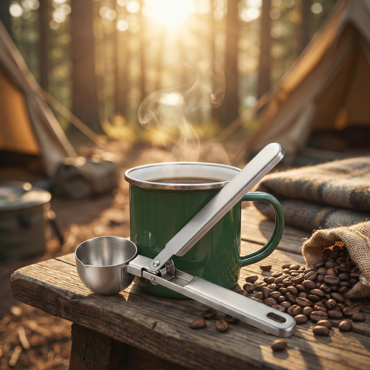 Stainless Steel Folding Coffee Scoop displayed front-on, showing compact folded design for camp brewing