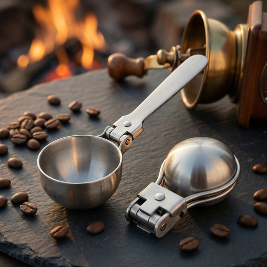 Stainless Steel Folding Coffee Scoop displayed at angle showing compact folded design and measurement markings