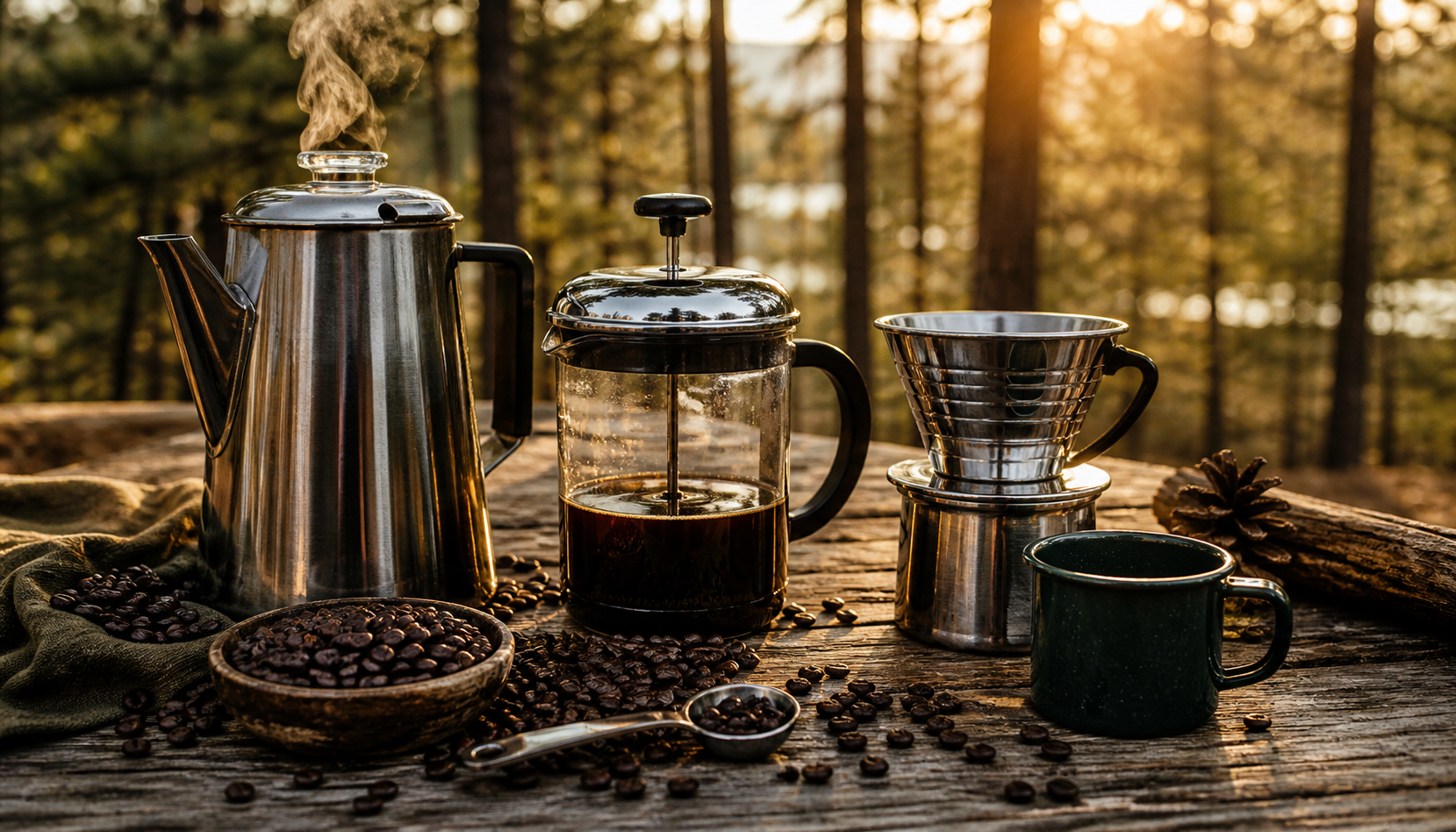 Ridgebrew lifestyle banner — premium camping coffee gear