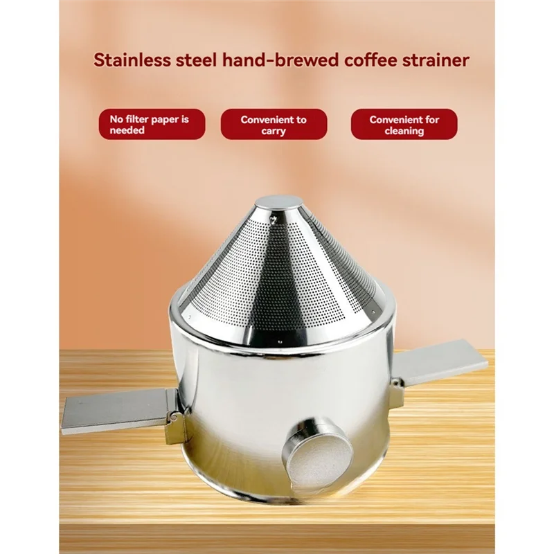 Stainless Steel Reusable Pour-Over Coffee Dripper shown from side angle displaying the cone shape and drainage holes