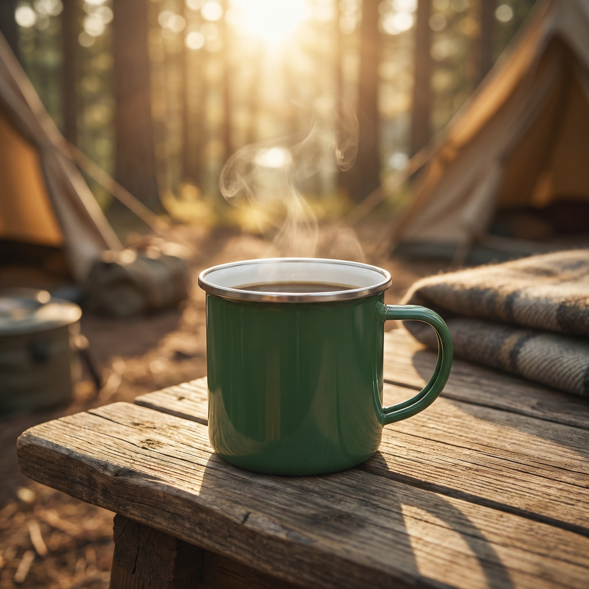 Classic Enamel Camp Mug in 12oz size shown from front, featuring durable enamel coating and campfire-safe design for outdoor drinkware