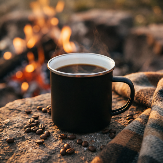 Classic Enamel Camp Mug held at angle showing durable enamel coating and comfortable handle grip for outdoor use