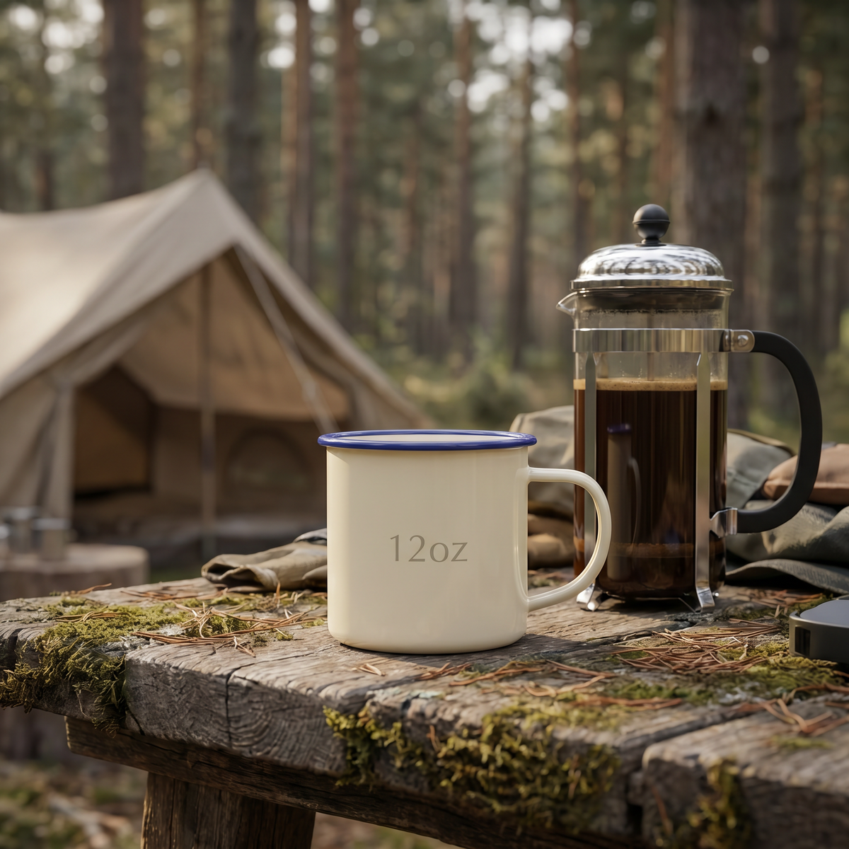 Classic Enamel Camp Mug held over campfire with steam rising, showing durable enamel coating and comfortable handle grip in outdoor setting