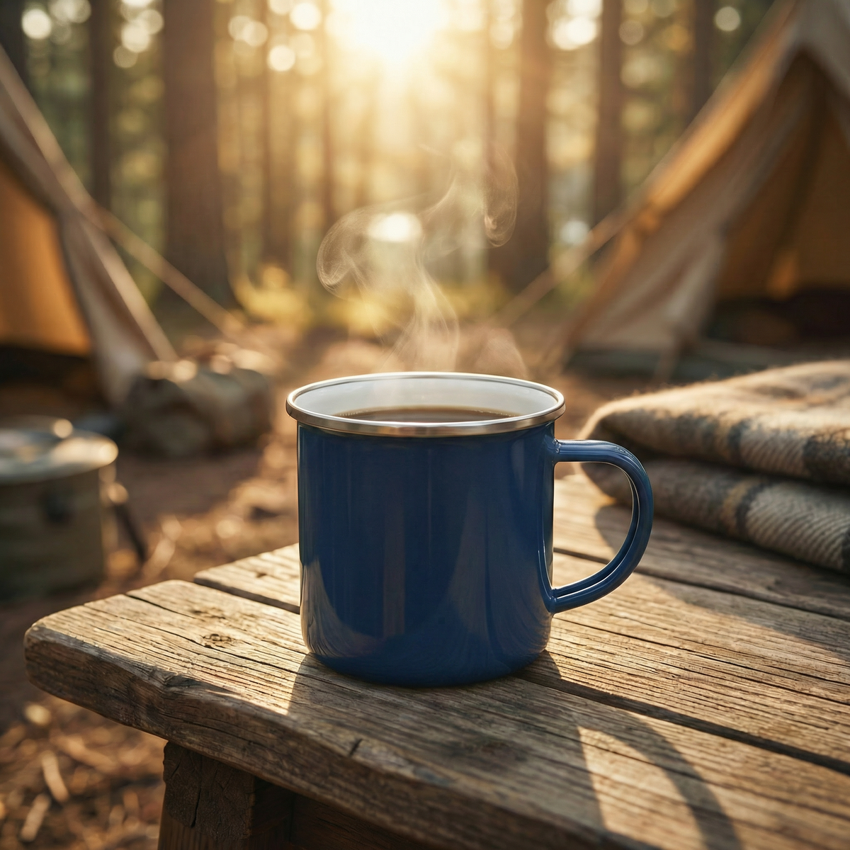 Classic Enamel Camp Mug 12oz showing durable enamel coating and reinforced rim detail for campfire use