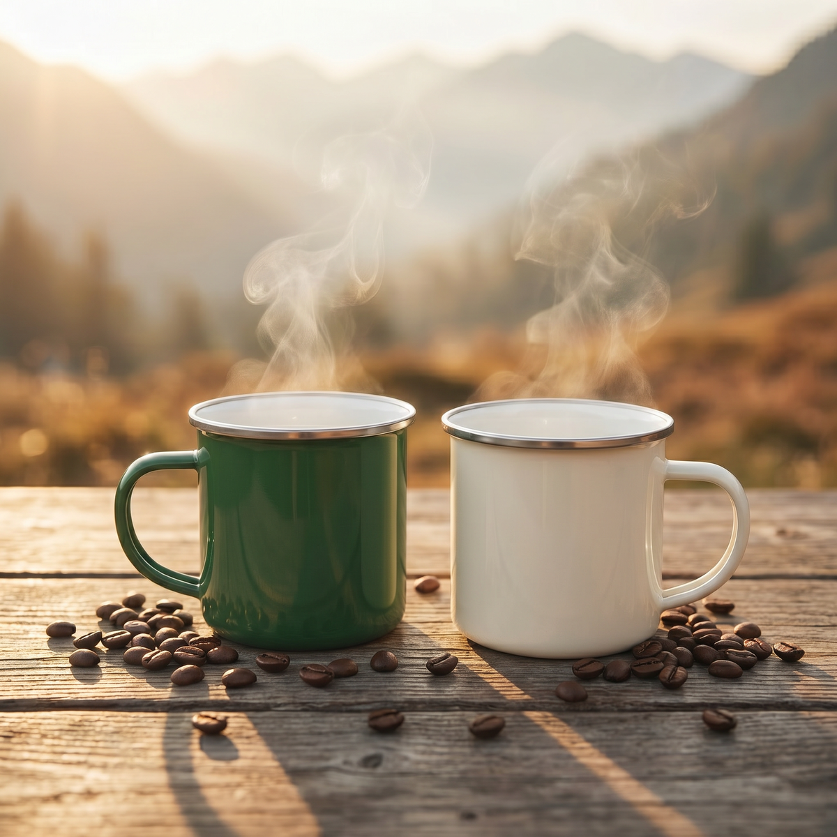 Classic Enamel Camp Mug 12oz shown with vintage-style rim detail and durable enamel coating ready for campfire use