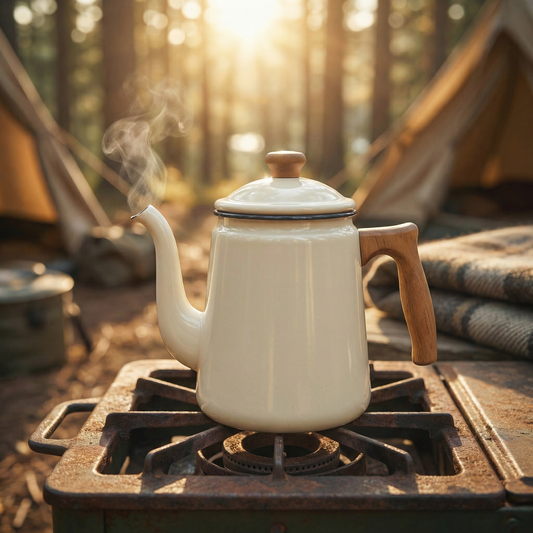 Vintage Enamel Coffee Pot with Wood Handle in cream and red, 1.4L capacity, displayed front-facing on neutral background