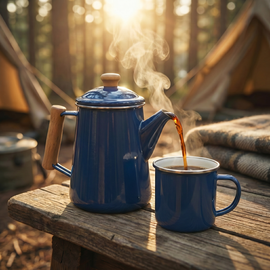 Vintage Enamel Coffee Pot with Wood Handle displayed at angle, showing 1.4L capacity and campfire-safe construction