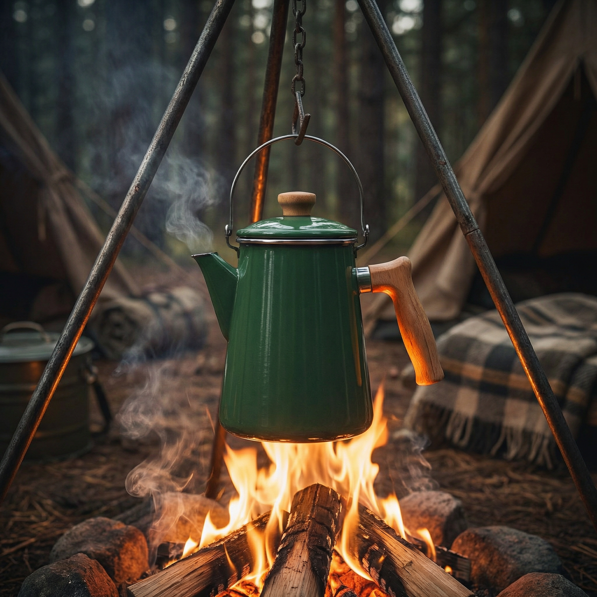 Vintage Enamel Coffee Pot with Wood Handle steaming over a campfire with camping gear nearby