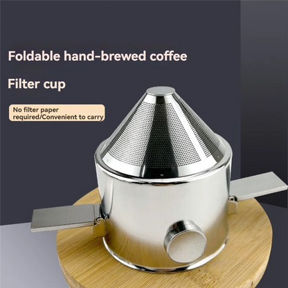 Stainless Steel Reusable Pour-Over Coffee Dripper positioned over a ceramic mug with hot water being poured through the filter basket
