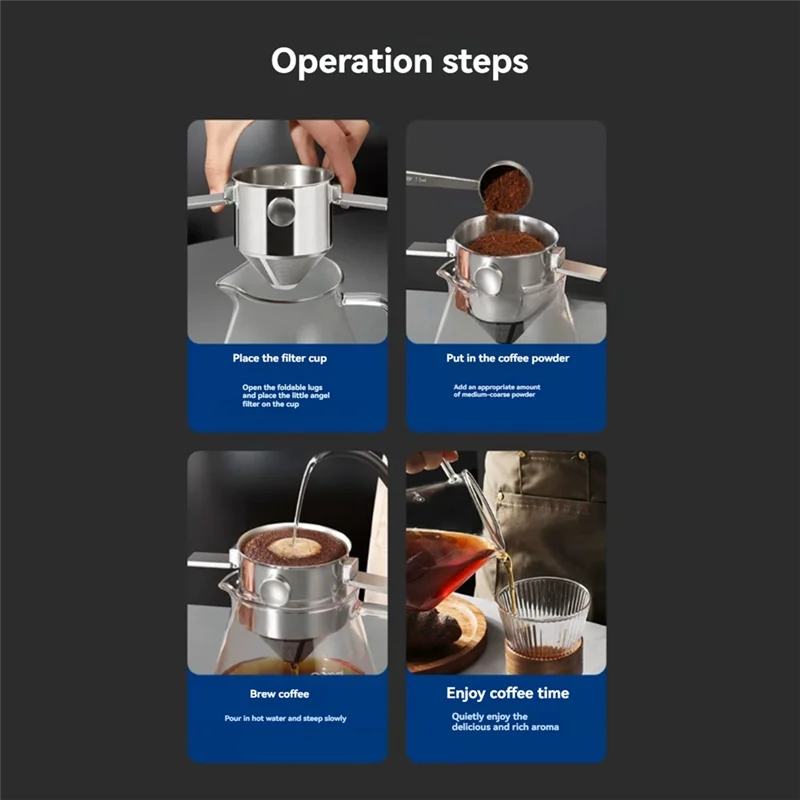 Stainless Steel Reusable Pour-Over Coffee Dripper displayed front-facing with cone-shaped brew chamber and integrated handle