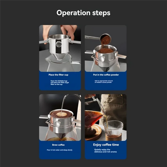 Stainless Steel Reusable Pour-Over Coffee Dripper displayed front-facing with cone-shaped brew chamber and integrated handle