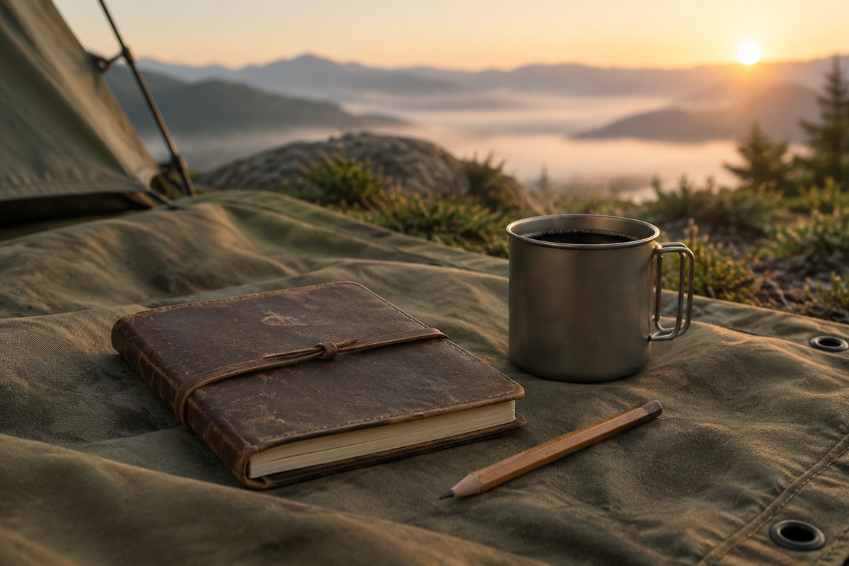 Notebook, tin mug and pencil on a canvas tarp at sunrise