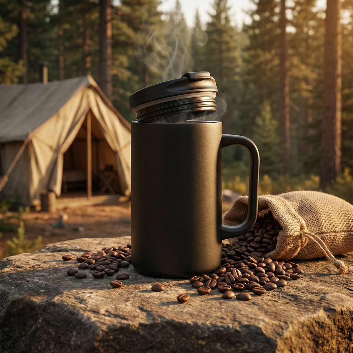 Ridgebrew 500ml Double-Wall Vacuum Insulated Camp Mug in stainless steel, front view showing cylindrical design with handle