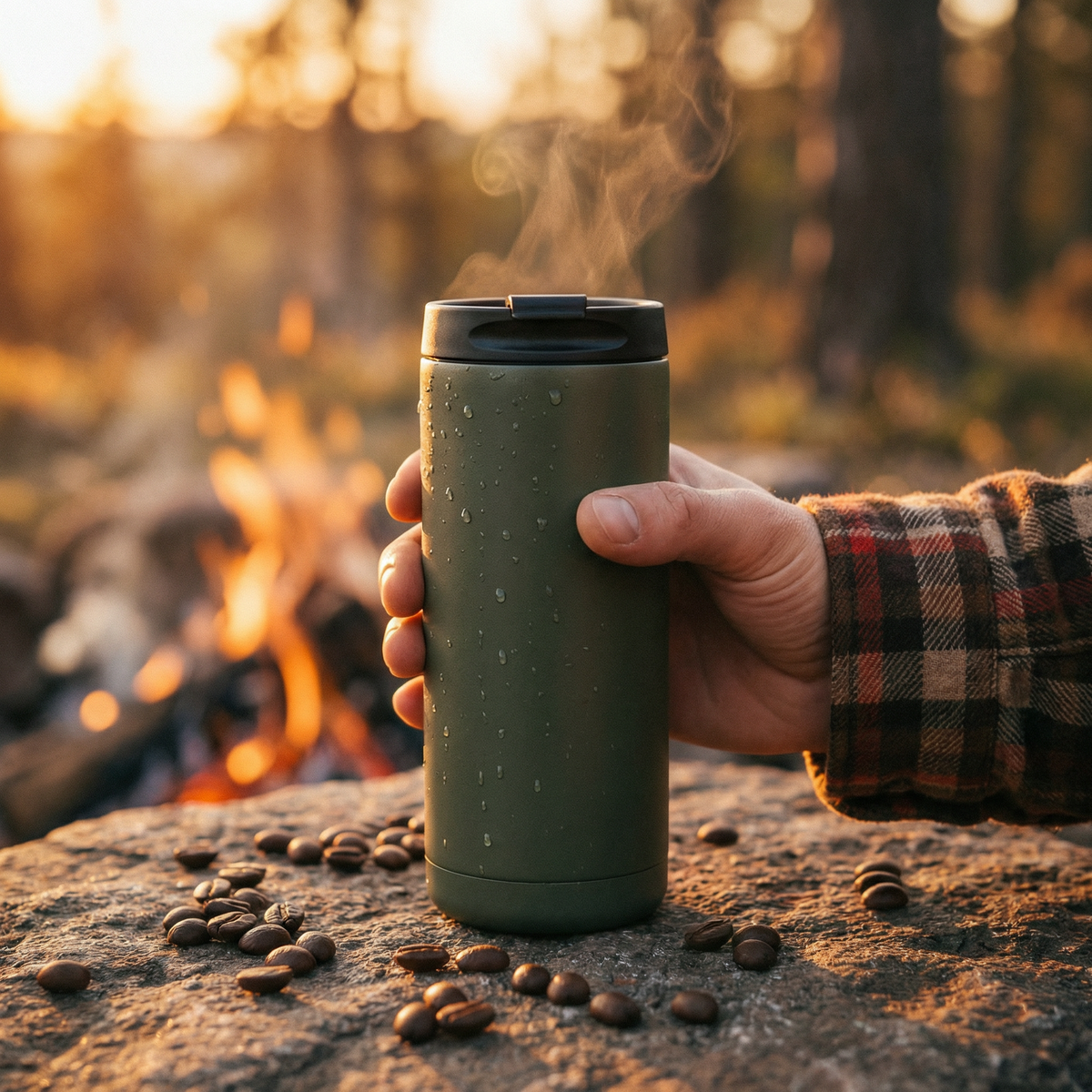 500ml double-wall vacuum insulated stainless steel camp mug being held during outdoor camping with hot beverage inside