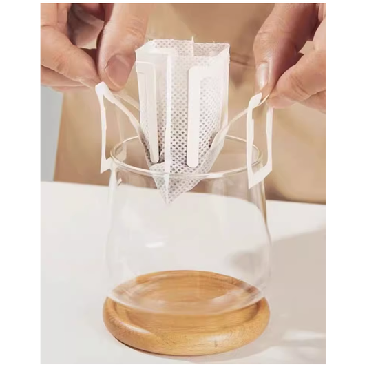 Hanging Ear Drip Coffee Filter Bags 50 Pack displayed front-facing, showing white paper filters with ear loops ready for brewing